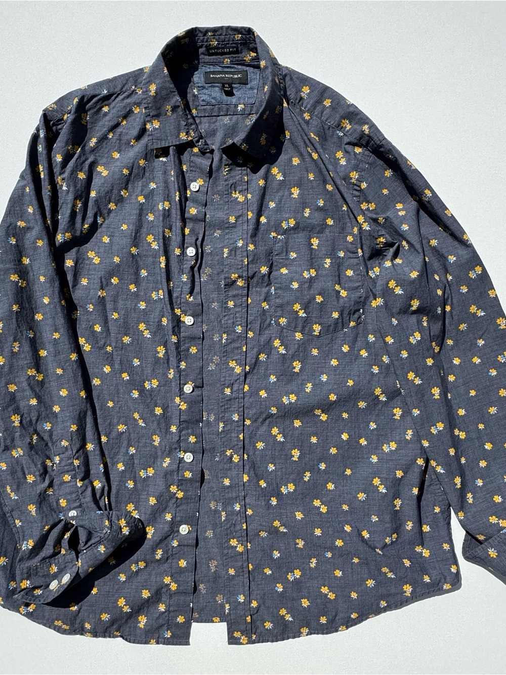 Banana Republic Navy Button-Down Shirt with Yellow Floral Print